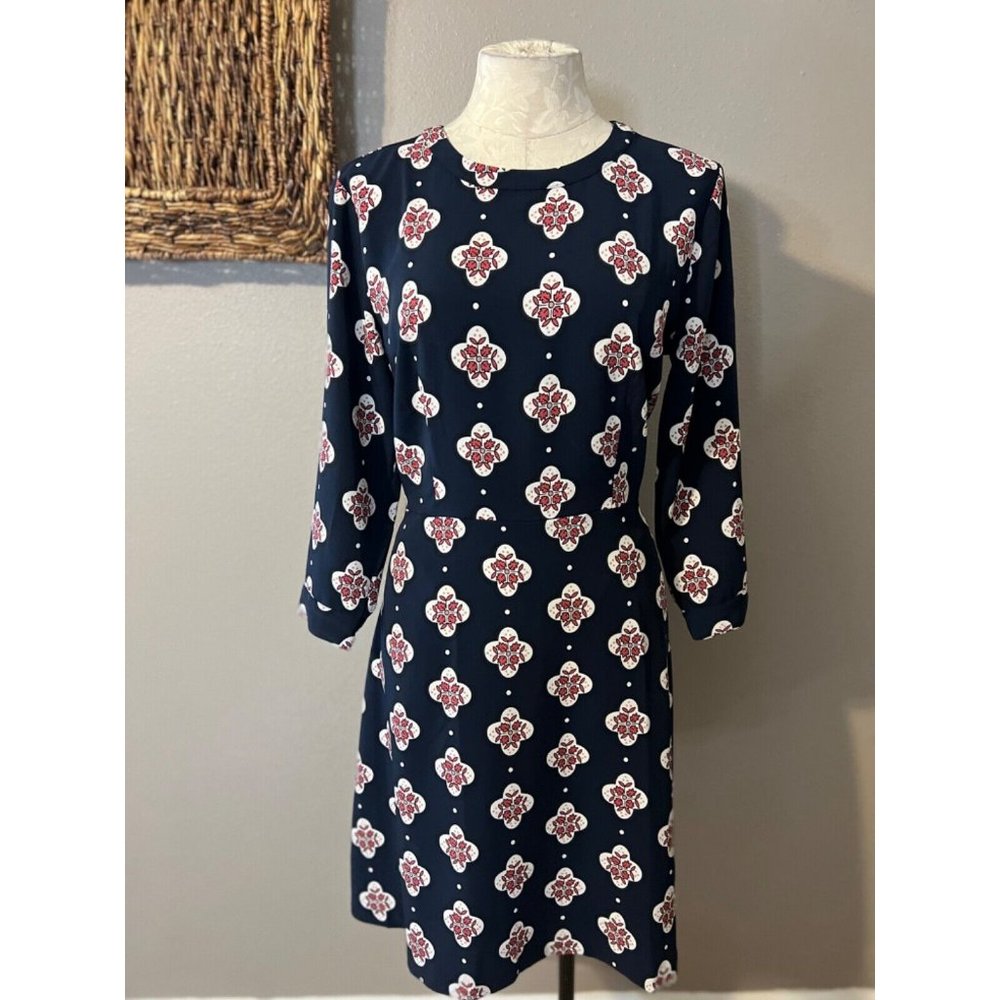 LOFT Dress Blue Rust Ivory 10 Long Sleeve Career Church Washable